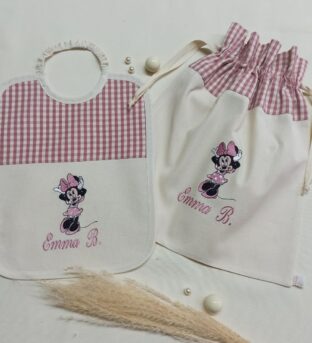 Set asilo personalizzato con bavetta e sacchetto in tessuto rustico con ricamo Minnie