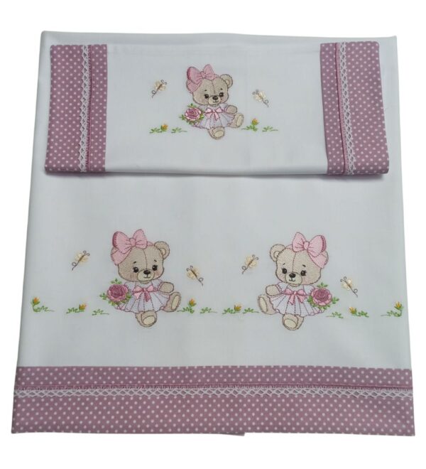 LEN0002 Lenzuolino carrozzina orsetti con salopette rosa