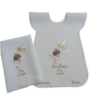 Camicina battesimo Angelo in ginocchio con colomba rosa 1