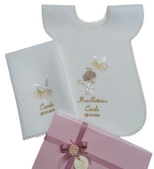 Camicina battesimo Angelo in ginocchio con colomba rosa