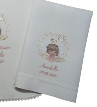 Asciugamani battesimo Angelo nel prato rosa beige