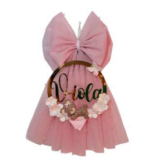 Fiocco nascita in tulle rosa antico Orsetta distesa