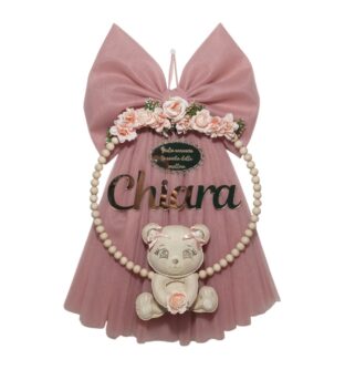 Fiocco nascita in tulle rosa antico con orsetto